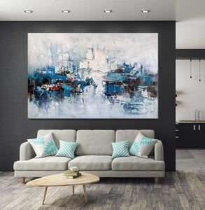 Large Wall Art Paintings Behind Sofa, Acrylic Paintings on Canvas, Acrylic Painting for Bedroom, Blue Modern Paintings, Heavy Texture Canvas Art-Grace Painting Crafts