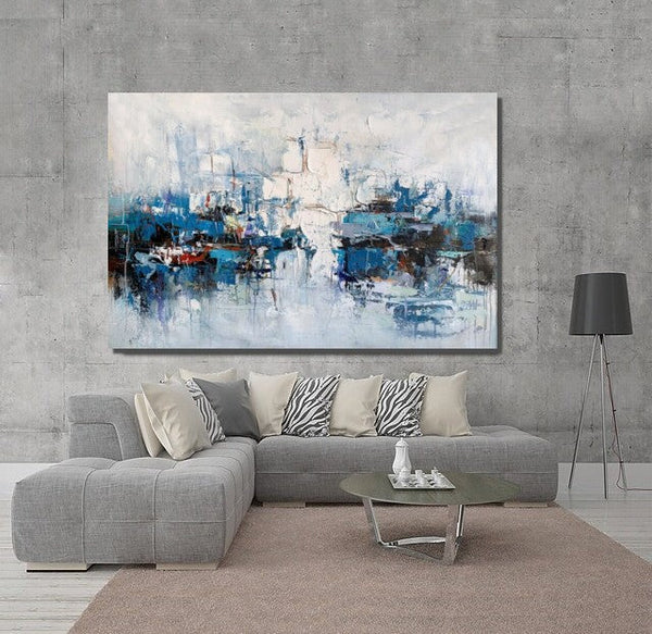 Large Wall Art Paintings Behind Sofa, Acrylic Paintings on Canvas, Acrylic Painting for Bedroom, Blue Modern Paintings, Heavy Texture Canvas Art-Grace Painting Crafts