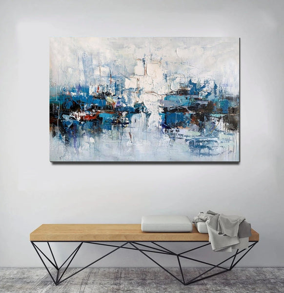 Large Wall Art Paintings Behind Sofa, Acrylic Paintings on Canvas, Acrylic Painting for Bedroom, Blue Modern Paintings, Heavy Texture Canvas Art-Grace Painting Crafts