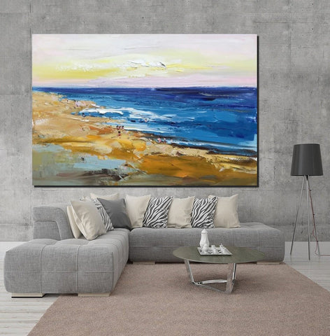 Large Paintings Behind Sofa, Landscape Painting for Living Room, Acrylic Paintings on Canvas, Heavy Texture Painting, Seashore Beach Painting-Grace Painting Crafts