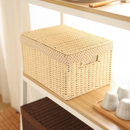 Storage Basket, Rectangle Basket, Deep Brown / Cream Color Woven Straw basket with Cover-Grace Painting Crafts