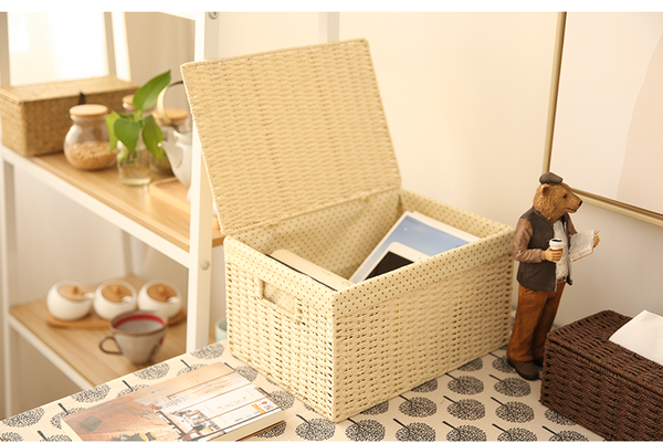 Storage Basket, Rectangle Basket, Deep Brown / Cream Color Woven Straw basket with Cover-Grace Painting Crafts
