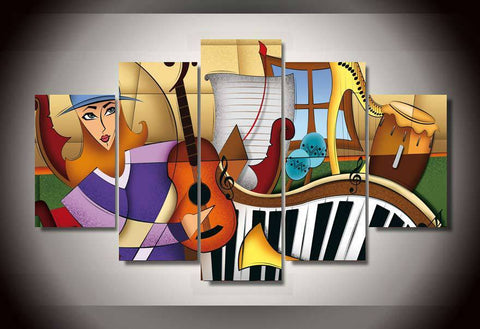 Girl Playing Guitar Painting, Electronic organ, Dulcimer, Tambourine Painting, 5 Piece Abstract Art, Musical Instrument Painting-Grace Painting Crafts