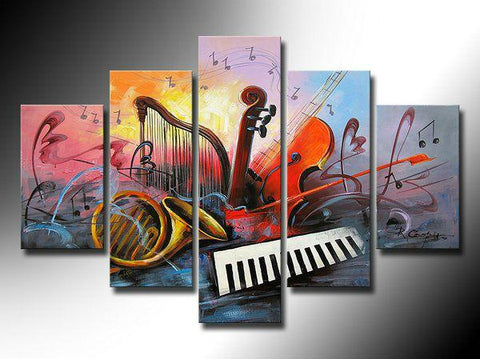 Music Painting, Modern Paintings for Living Room, Abstract Acrylic Painting, Violin, Saxophone, Harp, 5 Piece Abstract Wall Art Paintings-Grace Painting Crafts