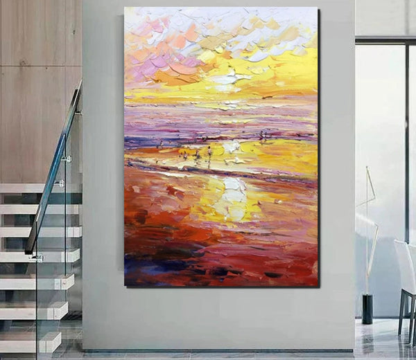 Canvas Paintings for Bedroom, Large Paintings on Canvas, Landscape Painting for Living Room, Sunrise Seashore Painting, Heavy Texture Paintings-Grace Painting Crafts