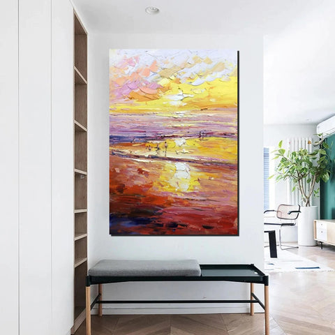 Canvas Paintings for Bedroom, Large Paintings on Canvas, Landscape Painting for Living Room, Sunrise Seashore Painting, Heavy Texture Paintings-Grace Painting Crafts