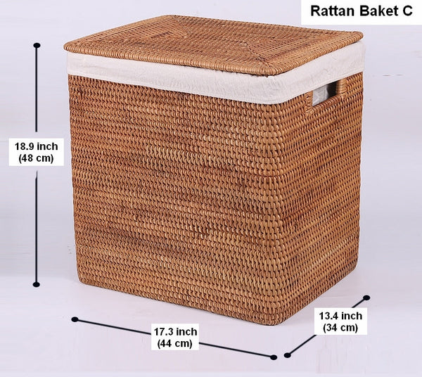 Storage Baskets for Bathroom, Rectangular Storage Baskets, Large Brown Rattan Storage Baskets, Storage Basket with Lid, Storage Baskets for Clothes-Grace Painting Crafts
