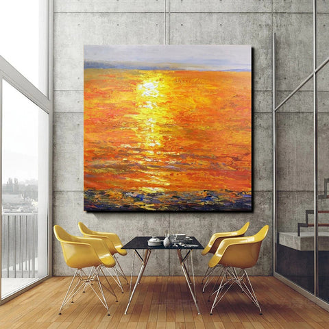 Landscape Acrylic Paintings, Sunrise Seascape Painting, Modern Wall Art Paintings, Heavy Texture Painting, Large Painting Behind Sofa-Grace Painting Crafts