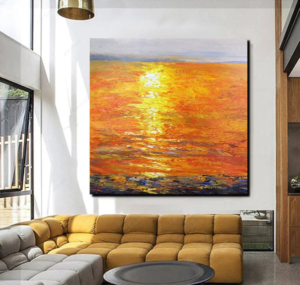 Landscape Acrylic Paintings, Sunrise Seascape Painting, Modern Wall Art Paintings, Heavy Texture Painting, Large Painting Behind Sofa-Grace Painting Crafts