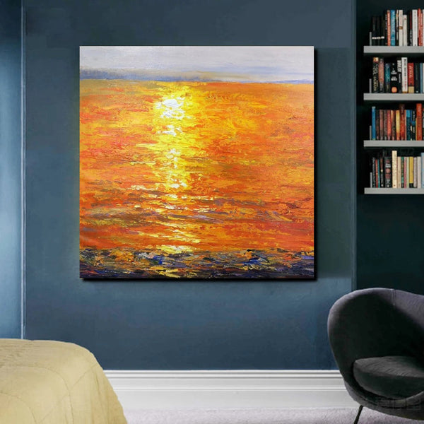 Landscape Acrylic Paintings, Sunrise Seascape Painting, Modern Wall Art Paintings, Heavy Texture Painting, Large Painting Behind Sofa-Grace Painting Crafts