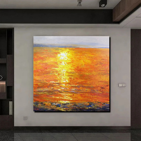 Landscape Acrylic Paintings, Sunrise Seascape Painting, Modern Wall Art Paintings, Heavy Texture Painting, Large Painting Behind Sofa-Grace Painting Crafts