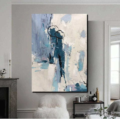 Living Room Abstract Paintings, Hand Painted Canvas Paintings, Large Wall Art Ideas, Heavy Texture Painting, Blue Modern Abstract Painting-Grace Painting Crafts