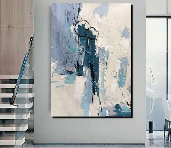 Living Room Abstract Paintings, Hand Painted Canvas Paintings, Large Wall Art Ideas, Heavy Texture Painting, Blue Modern Abstract Painting-Grace Painting Crafts