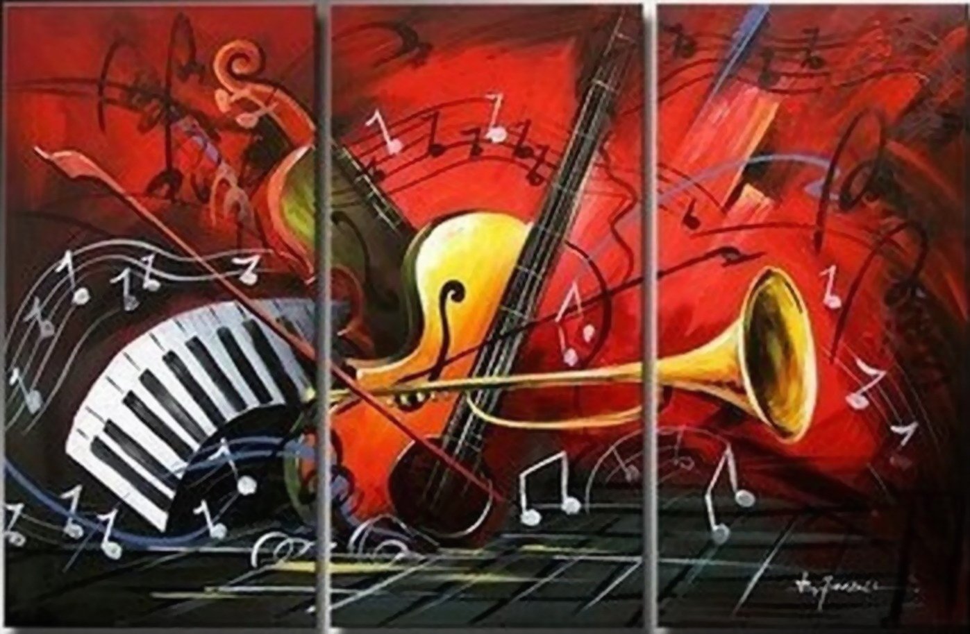 Red Abstract Violin Horn Guitar Art, 3 Panel Bedroom Wall Decor, Extra Large Canvas Painting