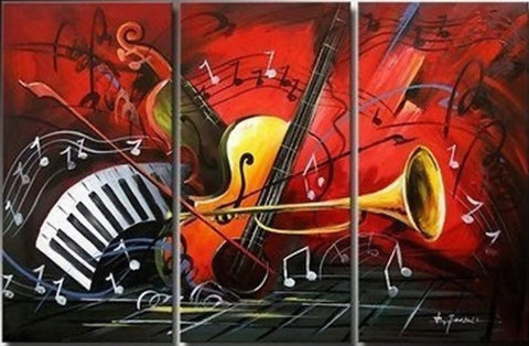 Abstract Art, Red Abstract Painting, Bedroom Wall Art, Violin, Horn, Guitar Painting, Extra Large Painting-Grace Painting Crafts