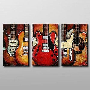 Modern Abstract Painting, 3 Piece Canvas Art, Red Abstract Painting, Electric Guitar Painting, Canvas Painting for Living Room-Grace Painting Crafts