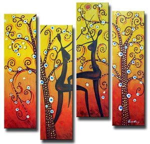 Tree of Life Painting, African Girl Painting, 4 Piece Canvas Paintings, Abstract Figure Art, Abstract Wall Art Paintings-Grace Painting Crafts