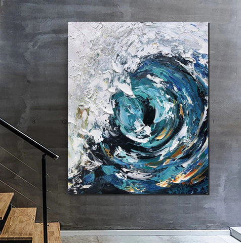 Big Wave Painting, Seascape Canvas Painting, Living Room Wall Art Painting, Landscape Canvas Paintings, Heavy Texture Canvas Art-Grace Painting Crafts