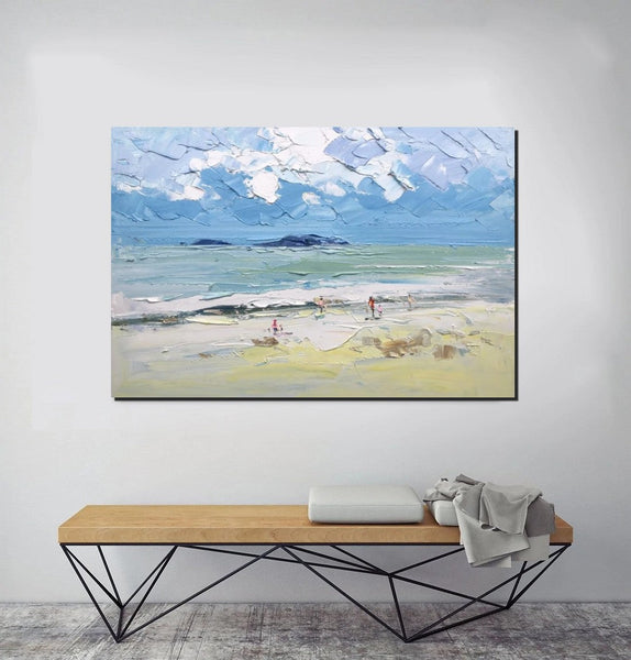 Seashore Beach Paintings, Living Room Canvas Art Ideas, Contemporary Abstract Art for Bedroom, Large Landscape Painting, Simple Modern Art-Grace Painting Crafts