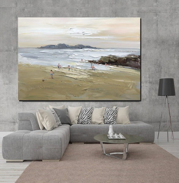 Acrylic Paintings on Canvas, Beach Seashore Paintings, Large Paintings for Bedroom, Landscape Painting for Living Room, Palette Knife Paintings-Grace Painting Crafts
