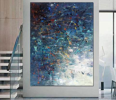 Extra Large Paintings for Living Room, Hand Painted Wall Art Paintings, Blue Abstract Acrylic Painting, Modern Abstract Art for Dining Room-Grace Painting Crafts