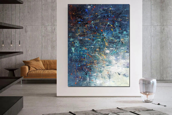 Extra Large Paintings for Living Room, Hand Painted Wall Art Paintings, Blue Abstract Acrylic Painting, Modern Abstract Art for Dining Room-Grace Painting Crafts