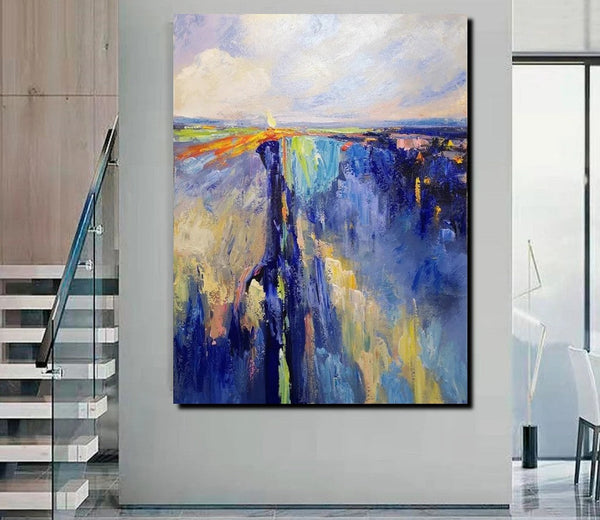 Acrylic Paintings on Canvas, Large Paintings Behind Sofa, Acrylic Painting for Bedroom, Blue Modern Paintings, Buy Paintings Online-Grace Painting Crafts