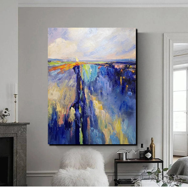 Acrylic Paintings on Canvas, Large Paintings Behind Sofa, Acrylic Painting for Bedroom, Blue Modern Paintings, Buy Paintings Online-Grace Painting Crafts