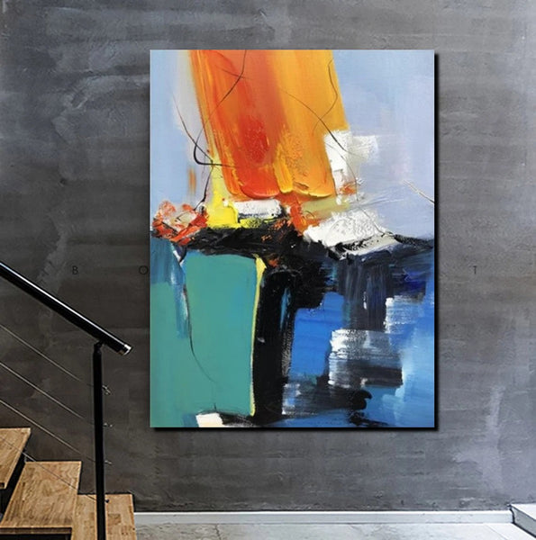 Acrylic Paintings on Canvas, Large Paintings Behind Sofa, Abstract Painting for Living Room, Blue Modern Paintings, Palette Knife Paintings-Grace Painting Crafts