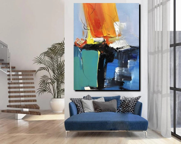 Acrylic Paintings on Canvas, Large Paintings Behind Sofa, Abstract Painting for Living Room, Blue Modern Paintings, Palette Knife Paintings-Grace Painting Crafts