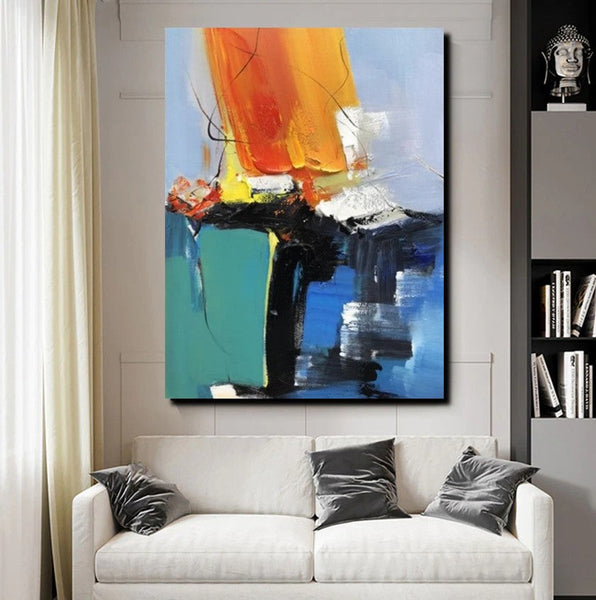 Acrylic Paintings on Canvas, Large Paintings Behind Sofa, Abstract Painting for Living Room, Blue Modern Paintings, Palette Knife Paintings-Grace Painting Crafts