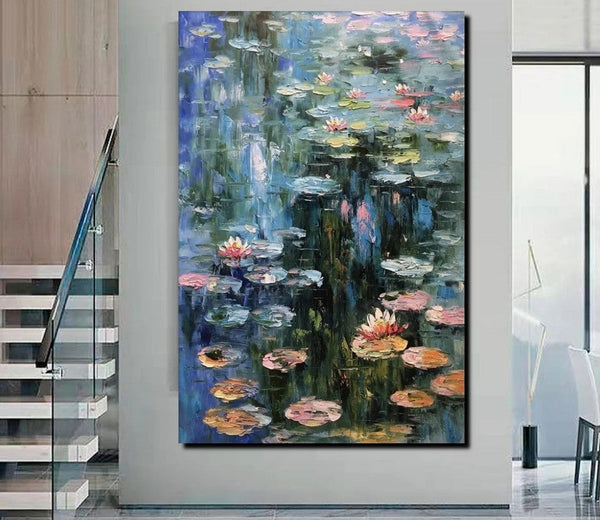 Large Paintings on Canvas, Canvas Paintings for Bedroom, Landscape Painting for Living Room, Water Lily Paintings, Heavy Texture Paintings-Grace Painting Crafts