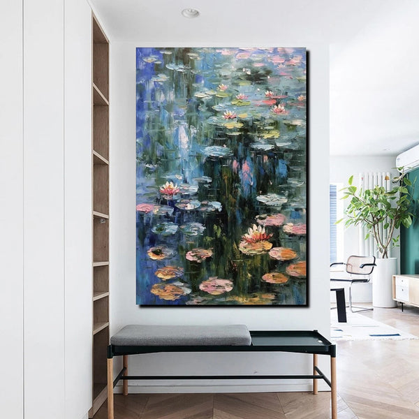 Large Paintings on Canvas, Canvas Paintings for Bedroom, Landscape Painting for Living Room, Water Lily Paintings, Heavy Texture Paintings-Grace Painting Crafts