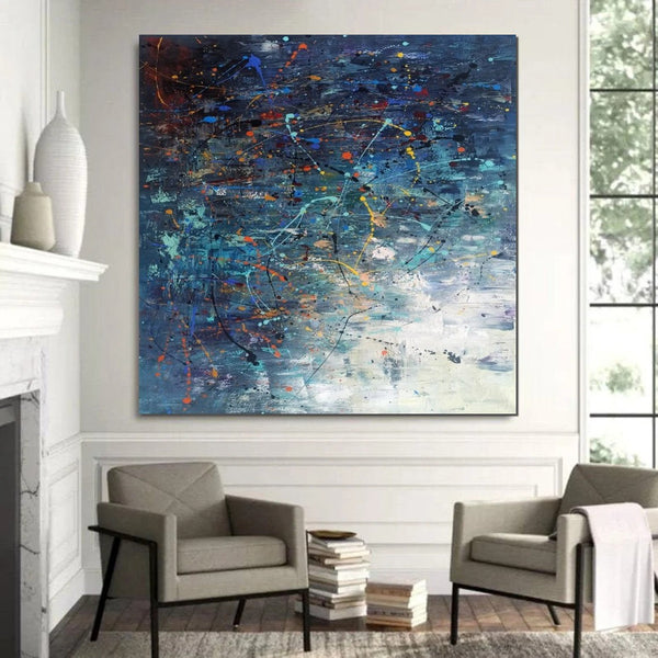 Modern Abstract Wall Art, Large Painting for Sale, Easy Painting Ideas for Living Room, Blue Acrylic Painting on Canvas, Huge Canvas Paintings-Grace Painting Crafts