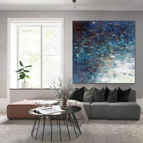 Modern Abstract Wall Art, Large Painting for Sale, Easy Painting Ideas for Living Room, Blue Acrylic Painting on Canvas, Huge Canvas Paintings-Grace Painting Crafts