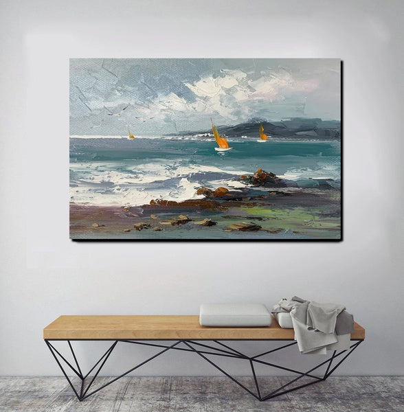 Large Paintings on Canvas, Canvas Paintings Behind Sofa, Landscape Painting for Living Room, Sail Boat at Sea Paintings, Heavy Texture Paintings-Grace Painting Crafts