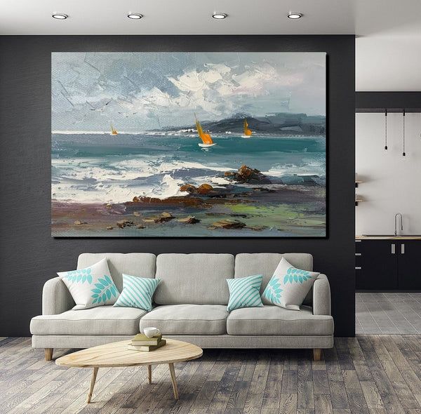 Large Paintings on Canvas, Canvas Paintings Behind Sofa, Landscape Painting for Living Room, Sail Boat at Sea Paintings, Heavy Texture Paintings-Grace Painting Crafts